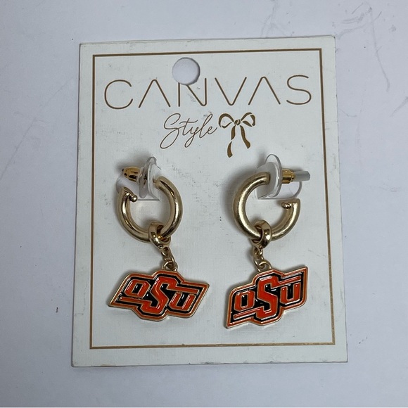 Gold Tone with Orange and Black OSU Dangle Earrings - Picture 2 of 5